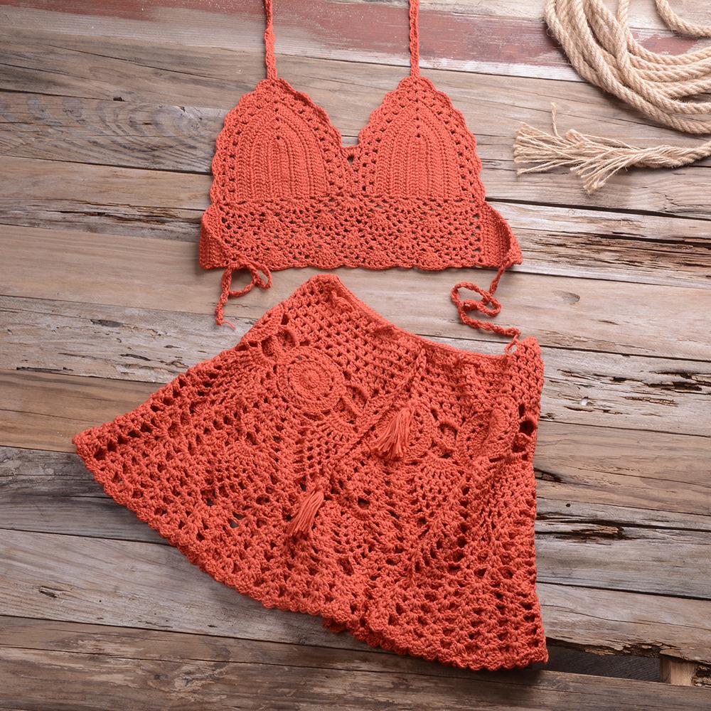 2025 Trendy European & American Hand-Crocheted Bikini Bandeau with Versatile Pleated Skirt Swimsuit