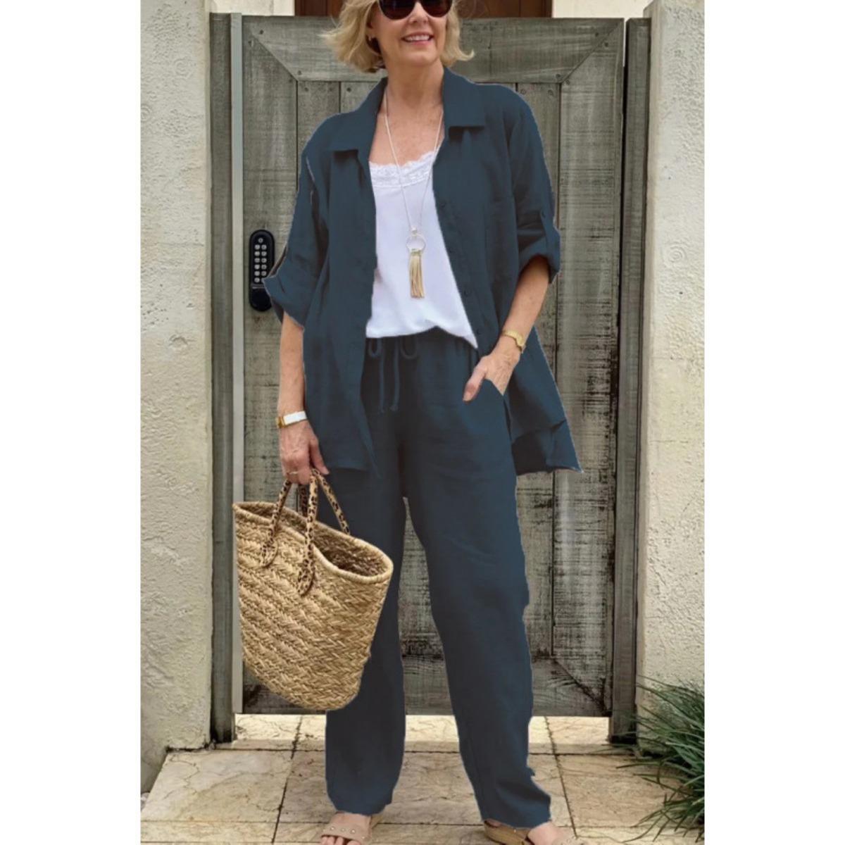 

Весенне-осенняя новая женская одежда, модный повседневный дизайн, кардиган, топ, брюки прямого кроя, высококлассный костюм-двойка 4XL тёмно-синий