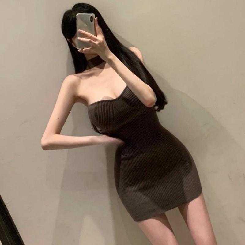 Korean Elegant Slimming One-Shoulder Knit Mini Dress One Size кофейный