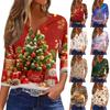 Women's Stylish Casual Christmas Print V-Neck Button Three-Quarter Sleeve T-Shirt