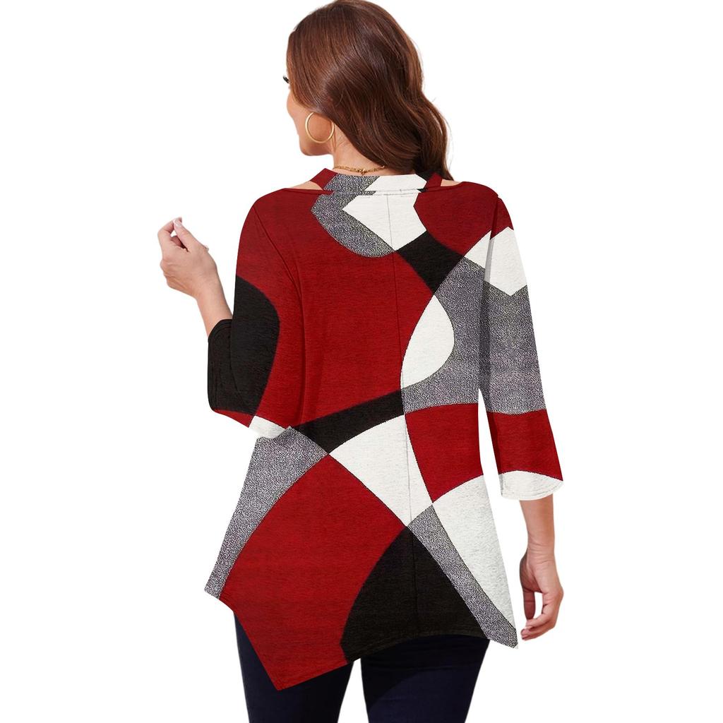 Women's Print Plus Size Tops Hollow V Neck 3/4 Sleeve Shirt Elegant Casual Tops