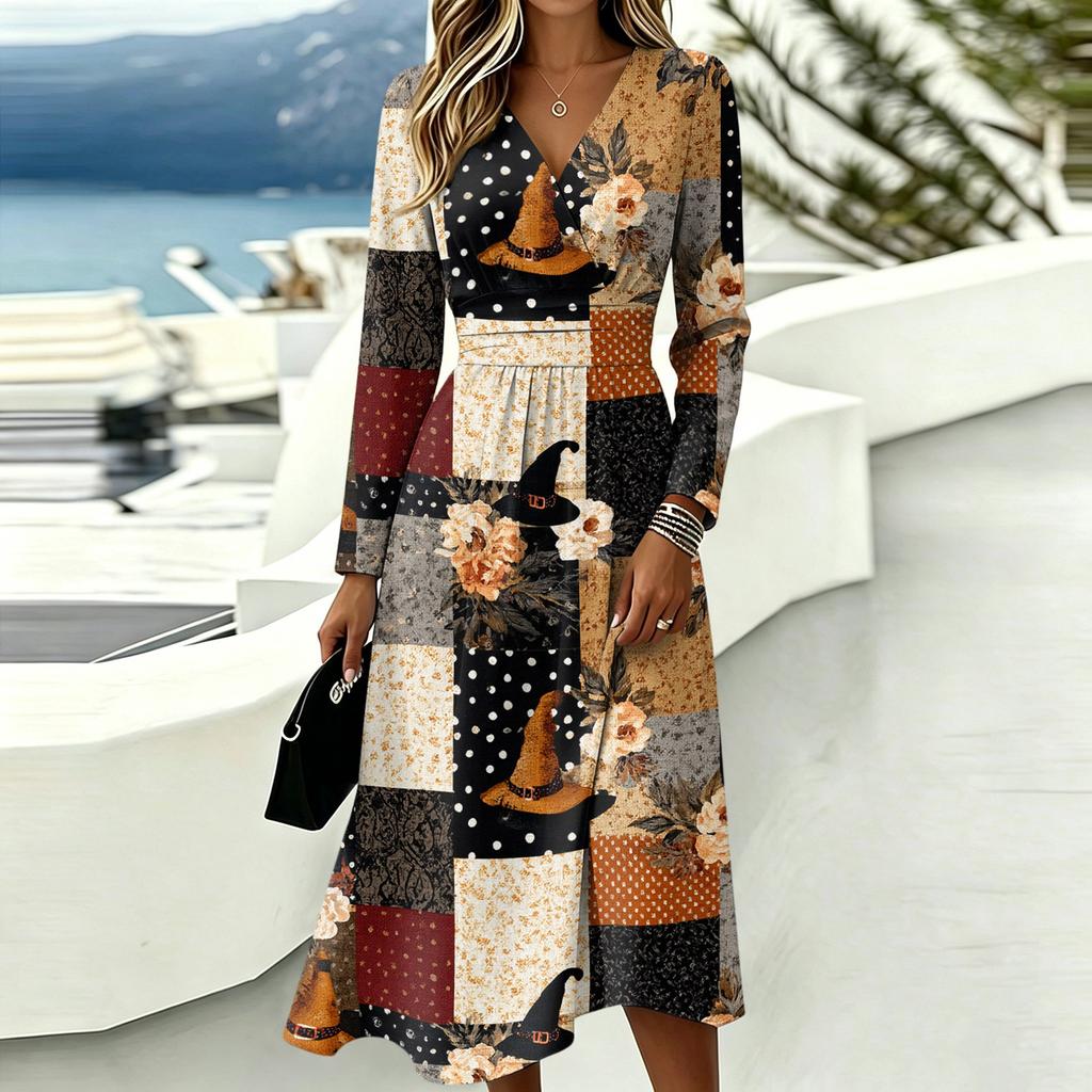 Women's Stylish Halloween Print Long Sleeve V-Neck Casual Dress with Pockets