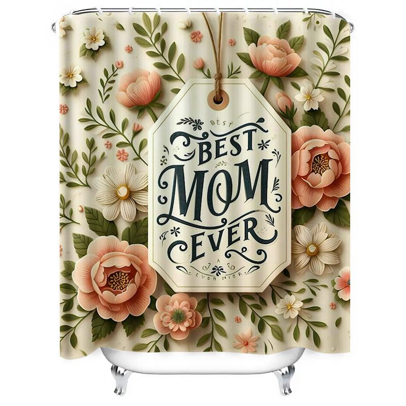 Elegant 'Best Mom Ever' Floral Design Waterproof Shower Curtain for Modern Bathroom Decor, Stylish and Durable