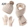 Soft Acrylic Cold Weather Gear Winter Hat Scarf Gloves Set, Knitted Pom Warm Thermal Stylish Outdoor Skiing And Hiking Sets Gloves, Solid Color
