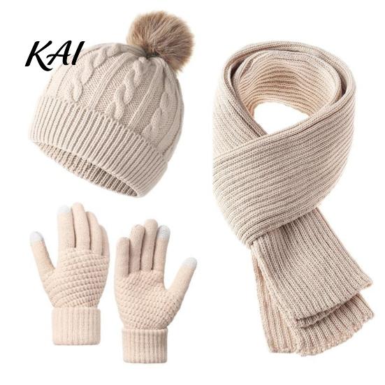 Soft Acrylic Cold Weather Gear Winter Hat Scarf Gloves Set, Knitted Pom Warm Thermal Stylish Outdoor Skiing And Hiking Sets Gloves, Solid Color