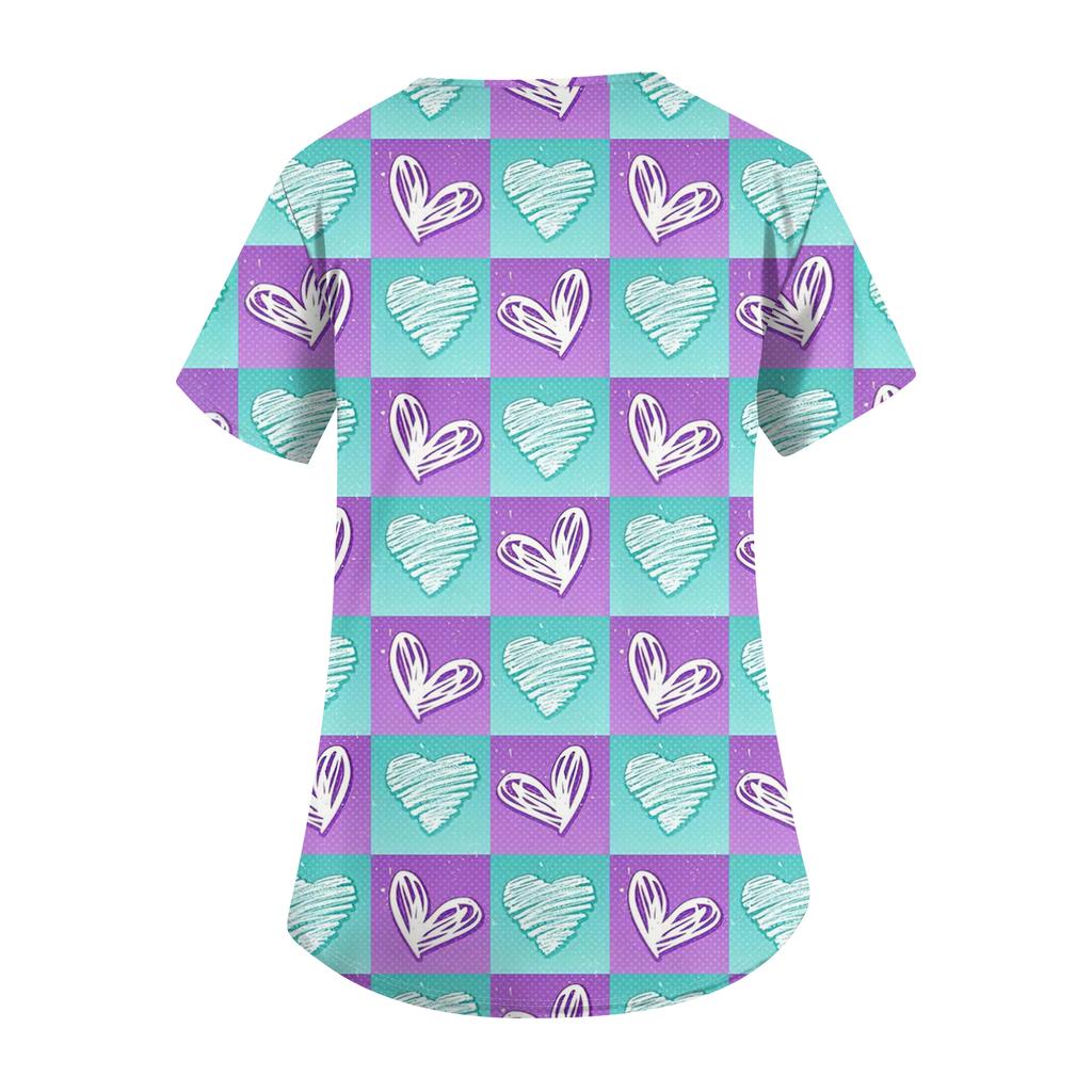 Damen Niedliches Schleifenmuster Arbeitskleidung V-Ausschnitt Doppellagige Taschen Basic Kurzarm Oberteil Pullover