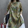 Women's Green Floral Print Mandarin Collar Three-Quarter Sleeve Loose Fit Casual Ramie Tunic Top