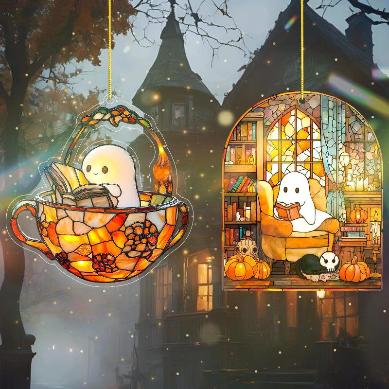 Halloween Ghost Reading Book Suncatcher Hanging Decor Acrylic Window Decor Colorful Shadow Home Decorations