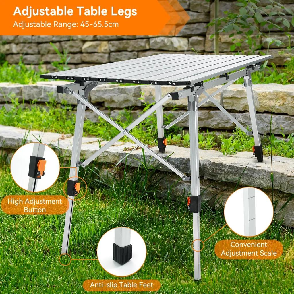 2-in-1 Folding Camping Table with Removable Mesh Layer - Lightweight Adjustable Height Aluminum Table for BBQ, Beach,