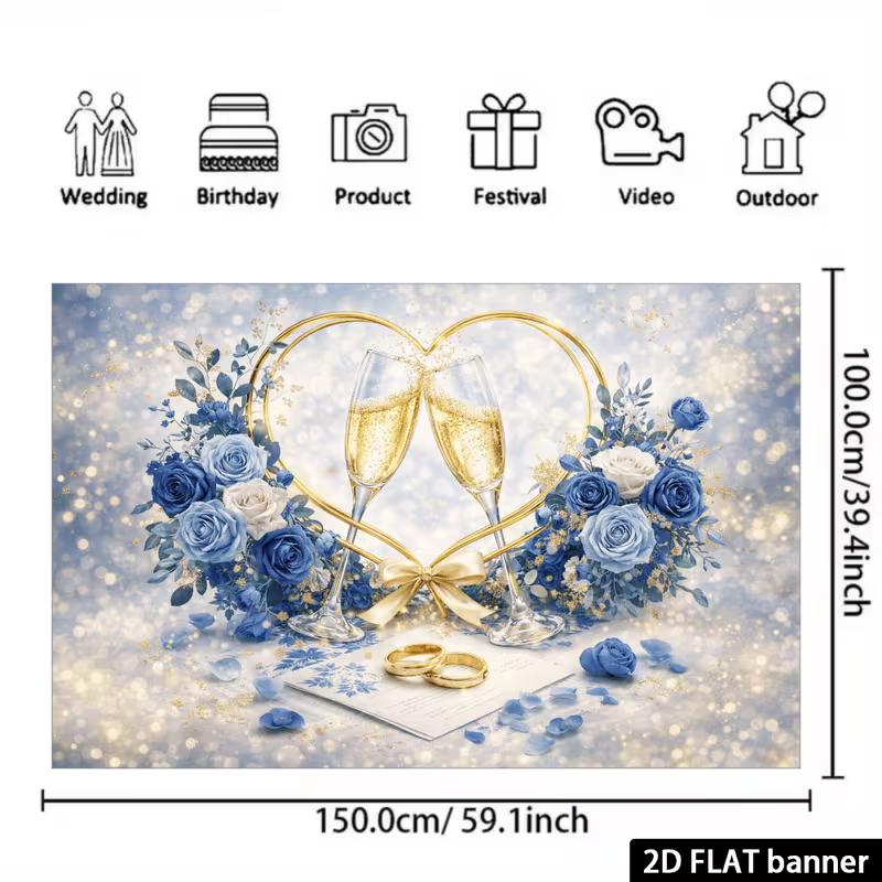Fond de mariage en verre à champagne plat 2D, Fond floral bleu pour séance photo de mariage et fête