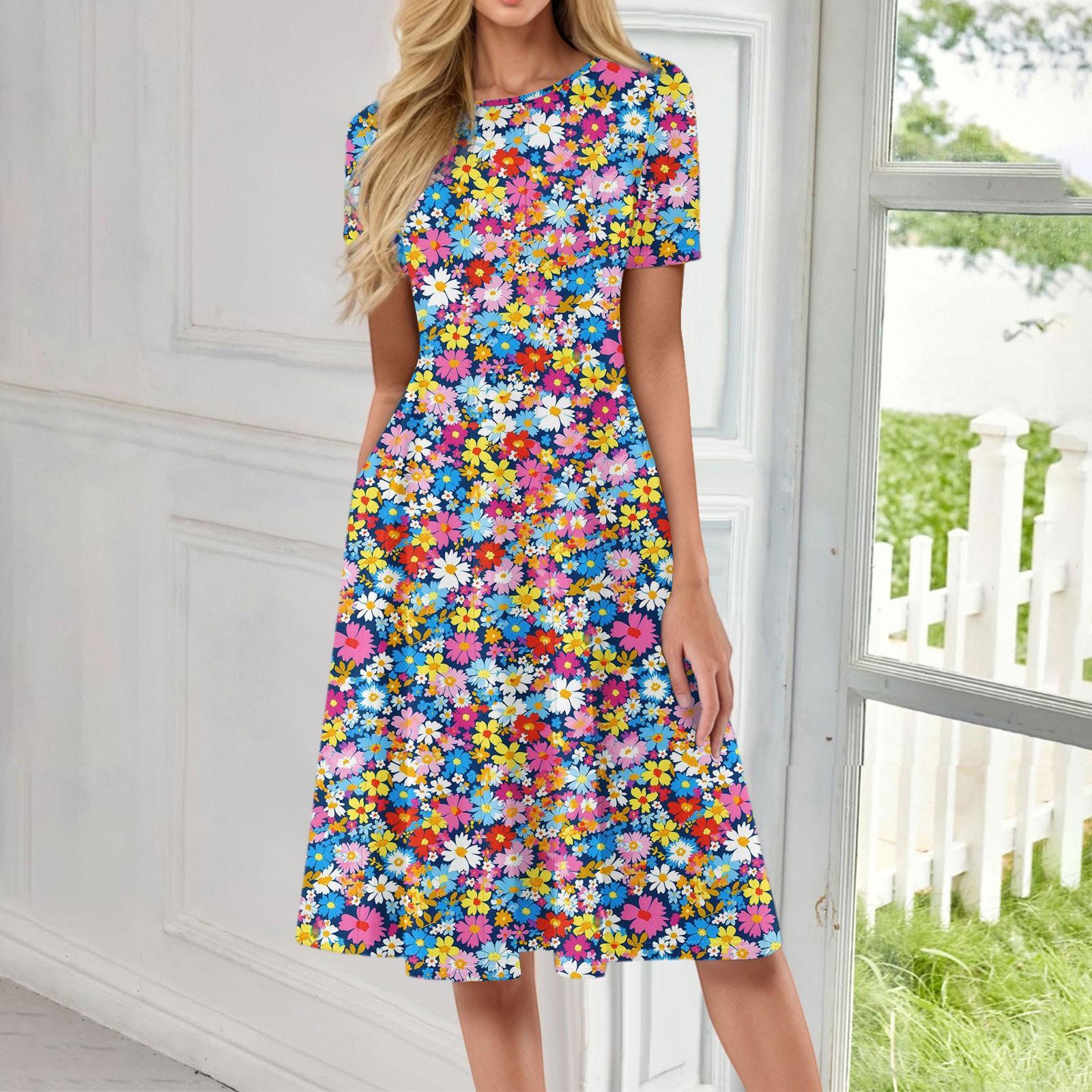 

Женский повседневный сарафан, летнее пляжное платье в стиле бохо, цветочные блузки для женщин, свободные платья с круглым вырезом XXL