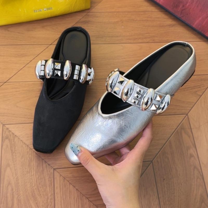 Fashion French Temperament Baotou Rivet Shoes Women's One Foot Metal Buckle Square Toe Half Slippers  Height Increasing Sandals