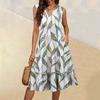 Women's Summer V-Neck Casual Pleated Ruffle Vintage Sleeveless Dresses