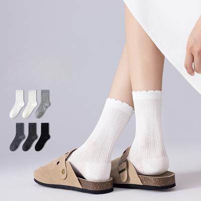 Damen Frühlings- und Herbst Socken ohne Bund bis zur mittleren Wade mit Spitze, gepaart mit Mary Jane Anti-Pilling Baumwollsocken