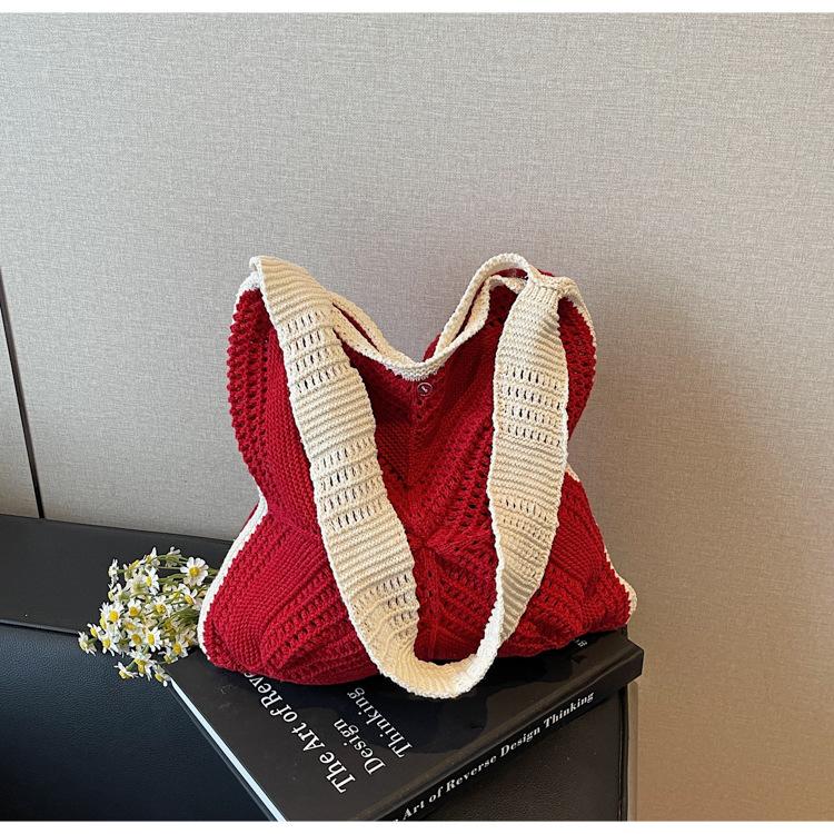 

Crochet cotton thread hollow square flower tassel literary and artistic style straw woven shoulder portable women s bag underarm tote bag бордовый