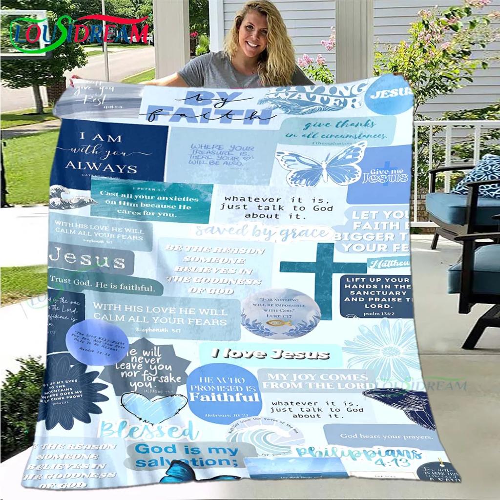 Fashion Bible Verses Jesus Pattern Blanket Flannel Thin Blanket Portable Home Travel Office Lunch Break Blanket Birthday Gift