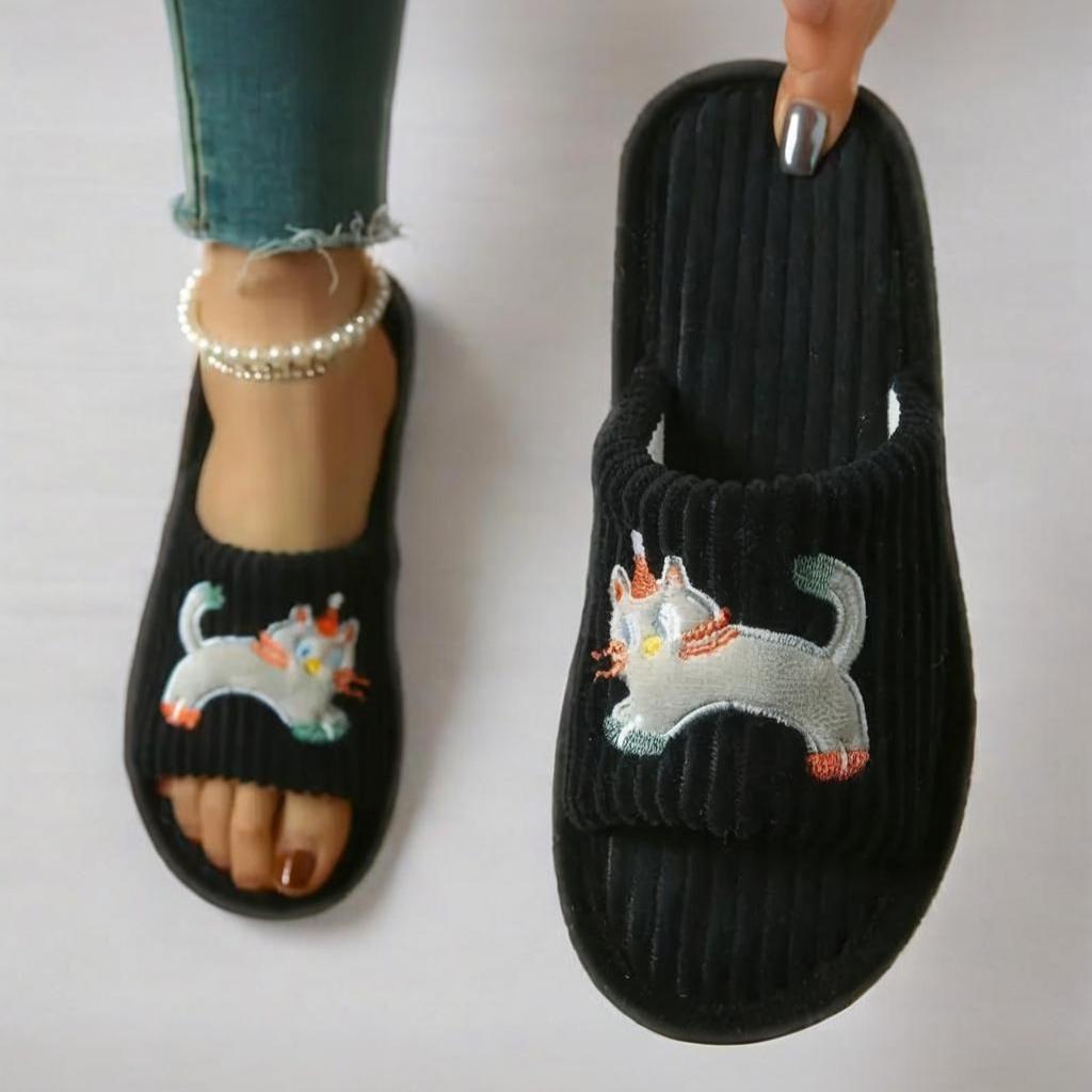 Cute Cartoon Cat Slip-On Slippers with Santa Hat & Striped Design - Non-Slip EVA Sole, Soft Fabric Indoor House Shoes for Men & Women,