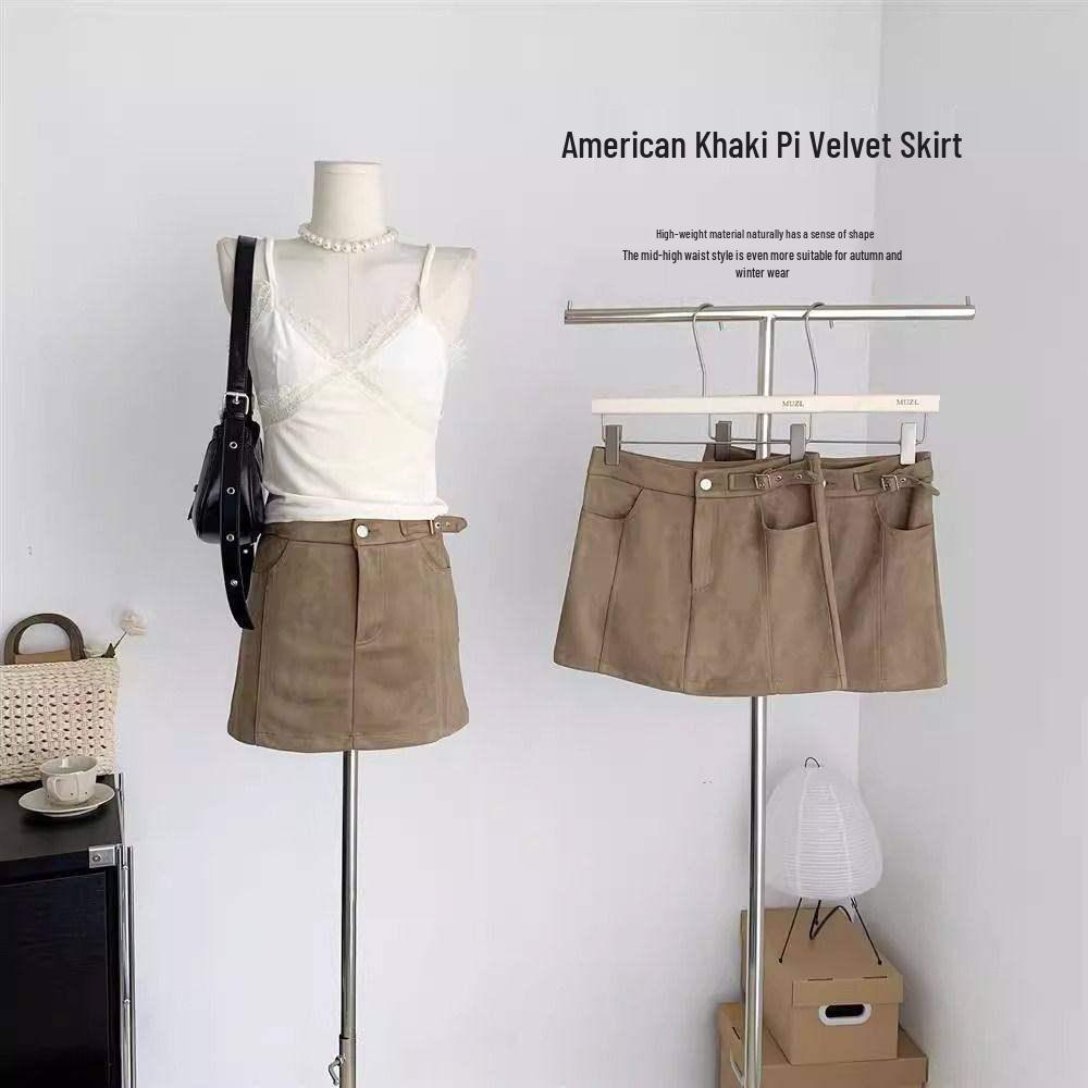 Women's Suede High-Waisted A-Line Skirt - Spring New Arrival, Slimming Short Skirt for Petite Women, Anti-Exposure and Versatile.
