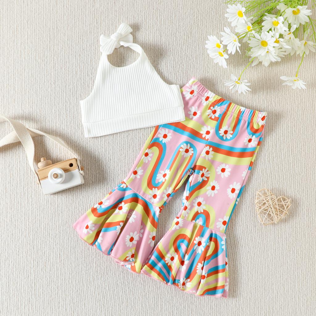 Kids Girls Summer Clothes Set Baby Sleeveless Halter Tops + Flower Flare Long Pants +Headband Children Fashion Outfits