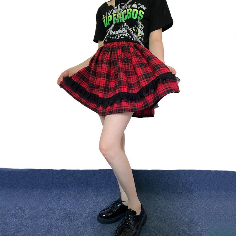 Y2K Plaid Lace Patchwork High-Waisted Mini Skirt, Elastic Waist Slimming A-Line, Pleated JK Visual Kei