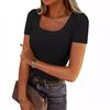 New European and American Popular Thread Pit Strip Sexy Slim Long Short-sleeved Square Collar Women's T-shirt Spice Girl