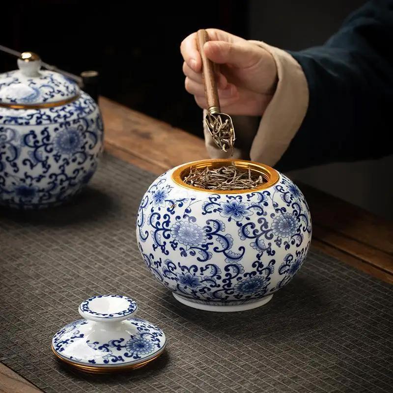 Blue and White Porcelain Tea Canister Ceramic Tea Organizer Box Storage Jars Desk Decoration Tea Jar Coffee Container Teas Caddy