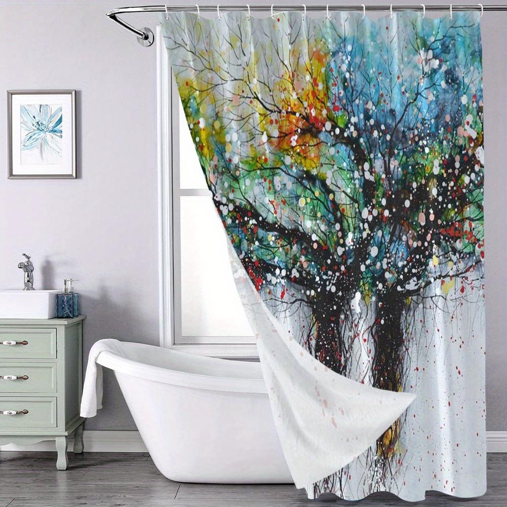 Abstract Leafless Trees Shower Curtain - Vibrant Brushstroke, Dynamic Sky Backdrop, 12 Hooks, Machine Washable Polyester