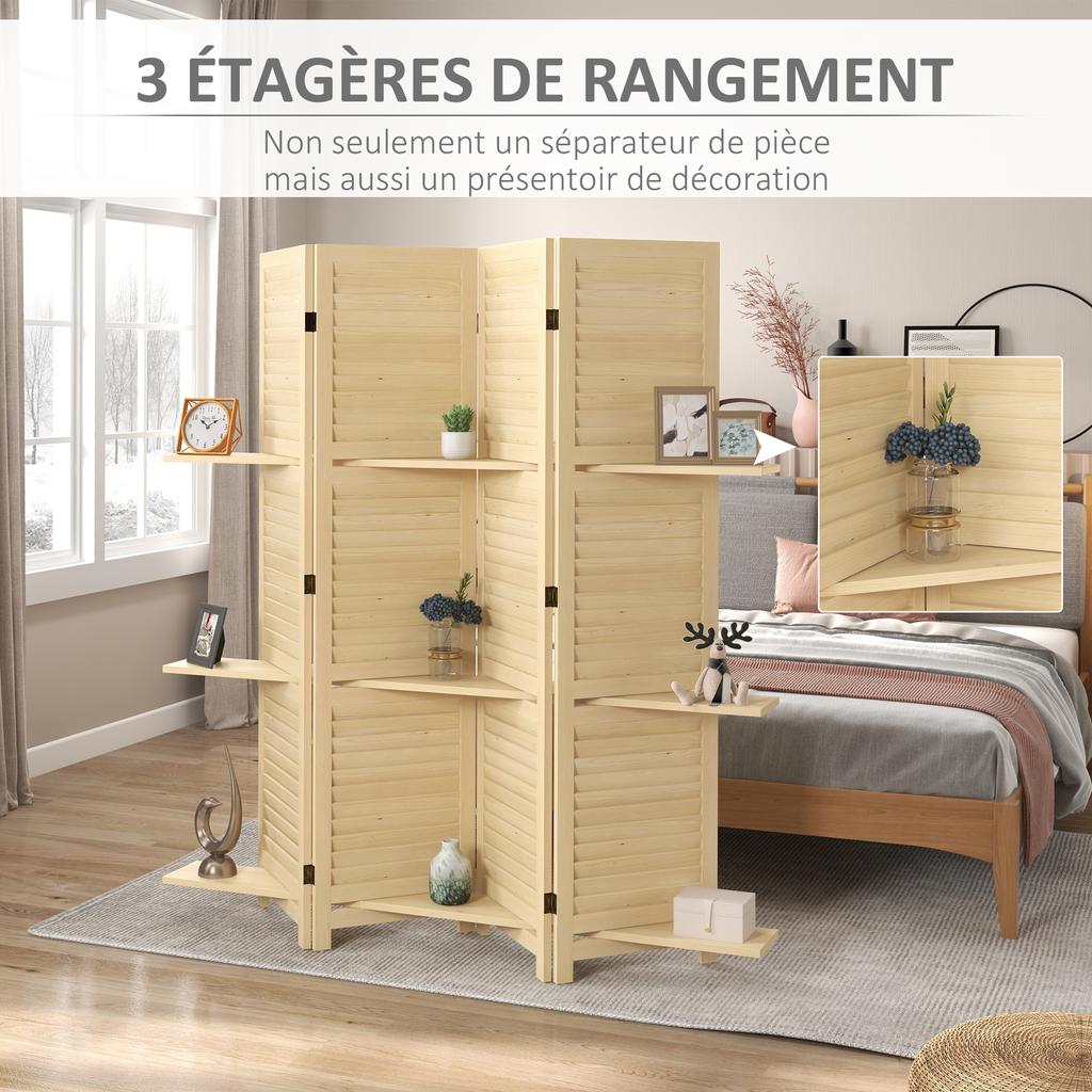 Indoor Room Divider 4 Panels 160L x 170H cm 3 Shelves Foldable Room Separator Louvred Doors Natural