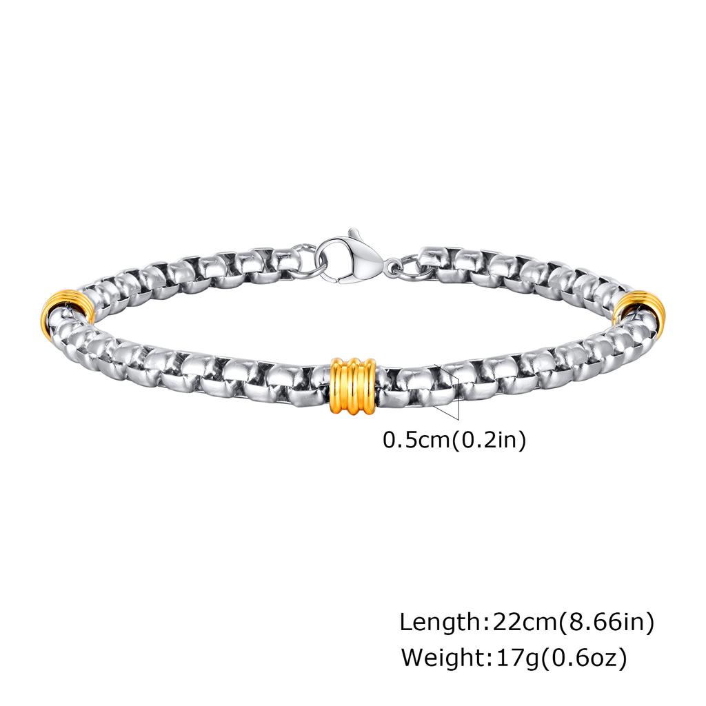 Classic Stainless Steel Btacelets for Men Boys,Silver Color Links Wristband with Gold Color Beads,Stylish Cool Jewelry Gifts