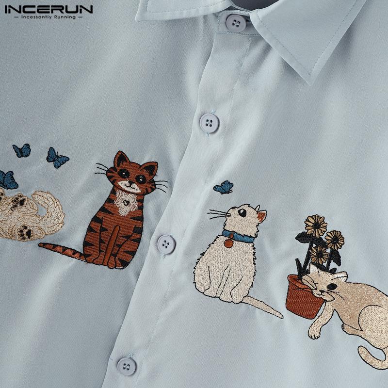 INCERUN Oversized Men Lapel Neck Long Sleeve Embroidery Casual Shirts Tops