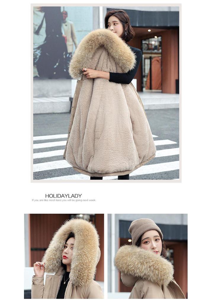 Women's Korean Style Oversized Hooded Parka with Fur Collar – Velvet Thickened for Autumn and Winter.