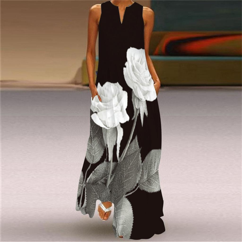 Sommer-Maxikleid für Damen, lässiger lockerer Maxirock für Damen, ärmellos, Blumendruck, Strand-Maxikleid mit Taschen, Faltenkleid, Baumwollkleid, Strandkleid