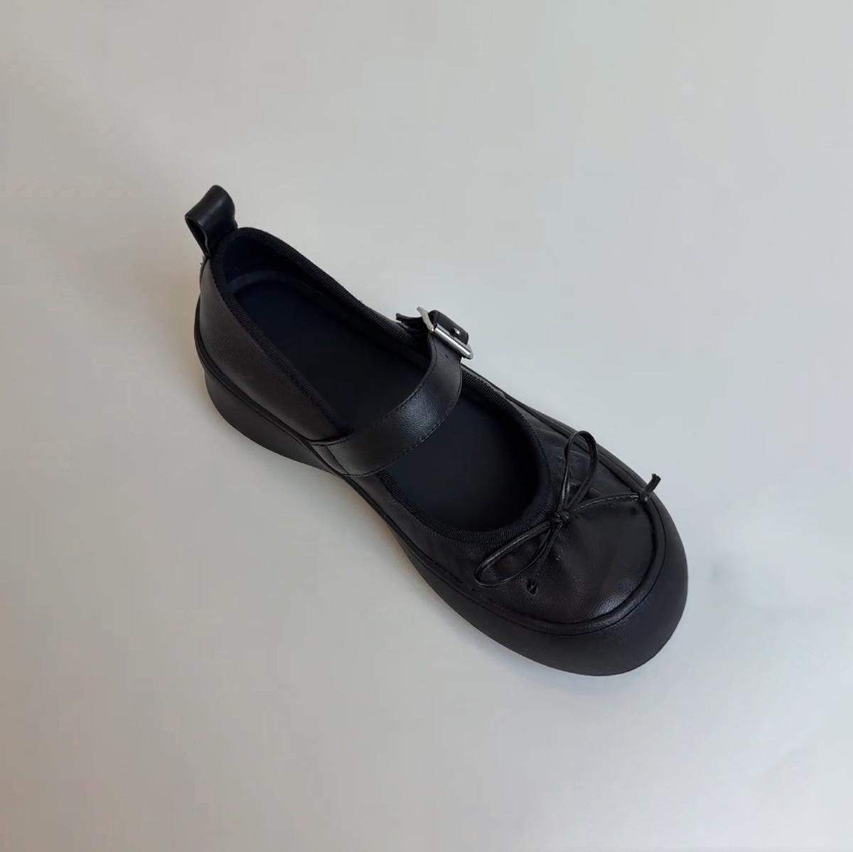 Mango head shallow mouth small single shoes bow button thick-soled Mary Jane shoes 35 чёрный