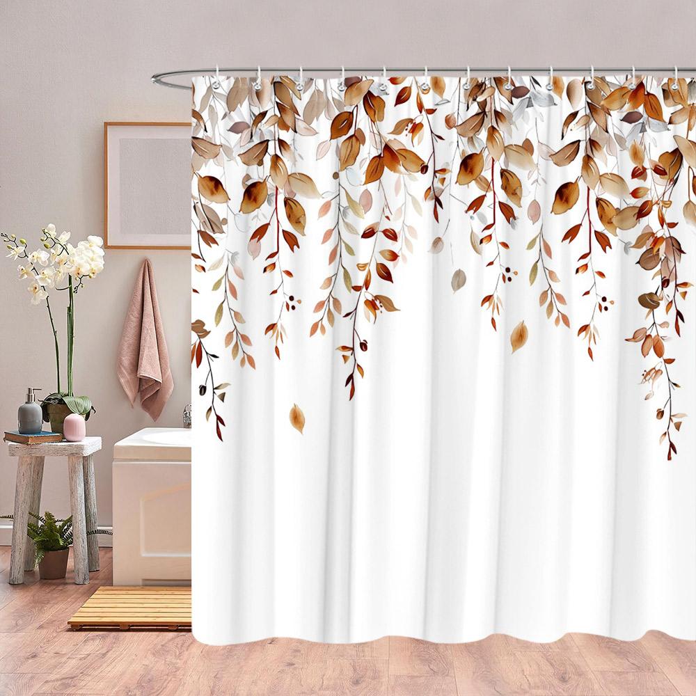 Autumn Eucalyptus Leaves Watercolour Shower Curtain Sagging Yellow Leaves Thanksgiving Gift Fabric Shower Curtain Bathroom Decor