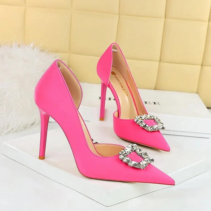 

BIGTREE Sexy White Women Dress Sandals Pointed Toe Party Rhineston Silk 10.5CM Thin Heels Office Lady Casual Woman Shoes 40