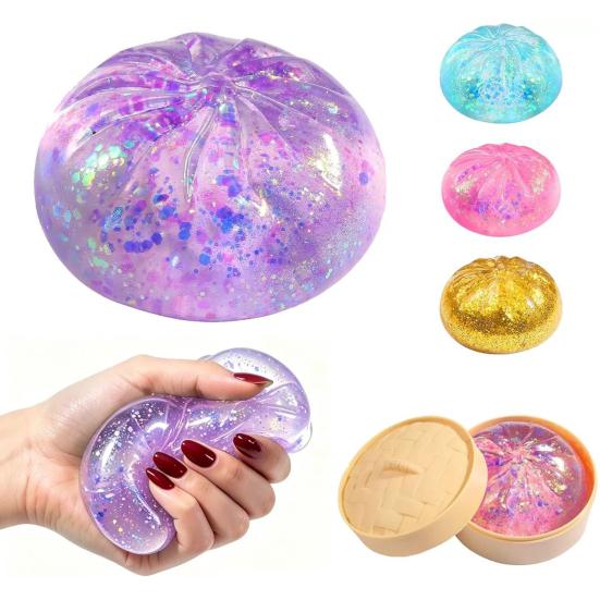 Yousheng 1/4Pcs Clear Glitter Dumpling Squeeze Toy, Soft Steamed Bun Stress Relief Toy, Hand Exercise Relaxation Tool for Kids Adults