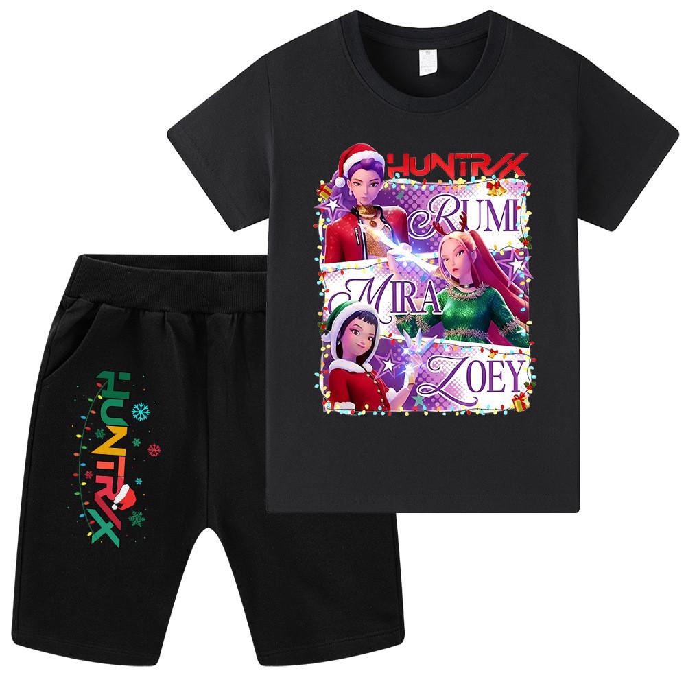 WA1265 Kids Boys Girls Kpop Rumi Zoey Mira Christmas Print Short Sleeves T-shirt Shorts Pants Sets