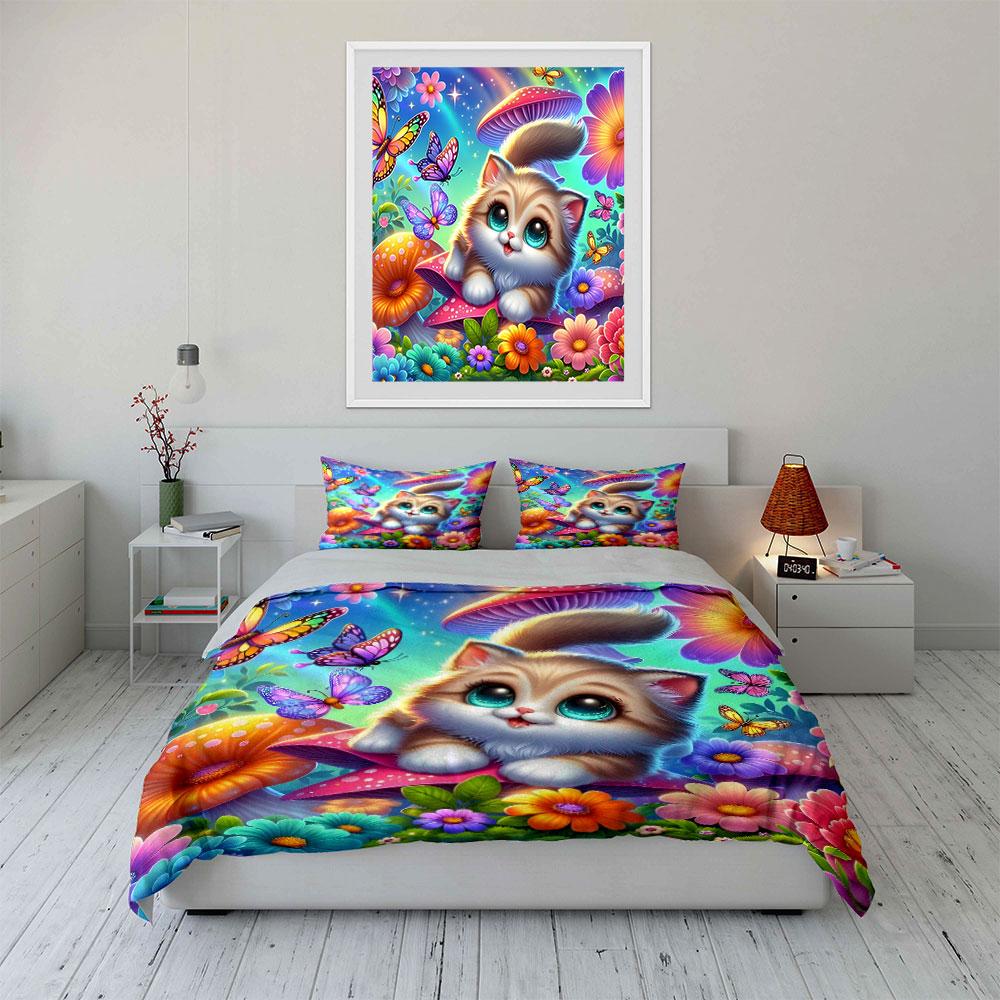 Cute Cat with Butterflies Design Bedding Duvet Cover Set (1*Duvet Cover 2*Pillowcases, Without Duvet Insert)