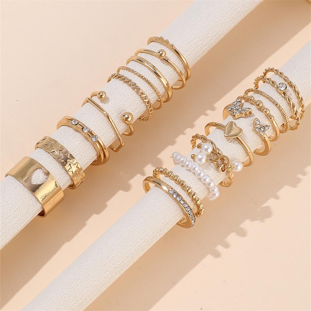 21-teiliges High-End Damenring-Set: Strass Schmetterling & Perle Knöchelringe