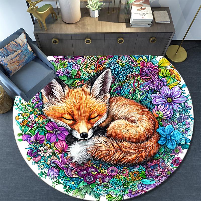 Sleeping Fox Round Area Rug,Carpet Rug for Living Room Bedroom Sofa Playroom Decor,Non-slip Floor Mat