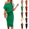 Women's Summer Fashion Color Short Sleeved Slim Slit Skirt One Shoulder Dress