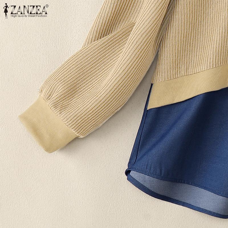 ZANZEA Women Round Neck Long Sleeve Casual Patchwork Pullover Sweatshirt