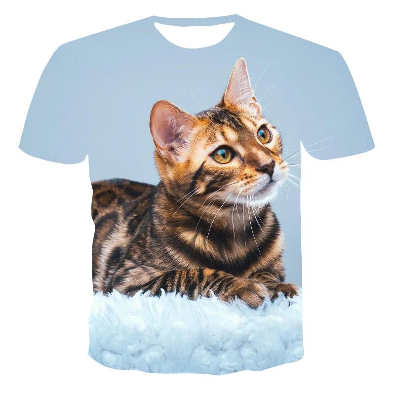 Summer Round Neck 3D Cute Cat Pattern Printed Top Fashionable Casual Short Sleeved Children's Boy T-shirts