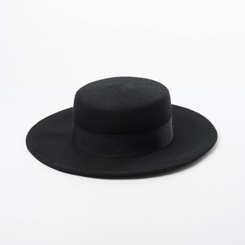 Autumn and Winter New Woolen Flat Top Hat Shopping Casual Fashion Webbing Decorative Felt Flat Top Hat