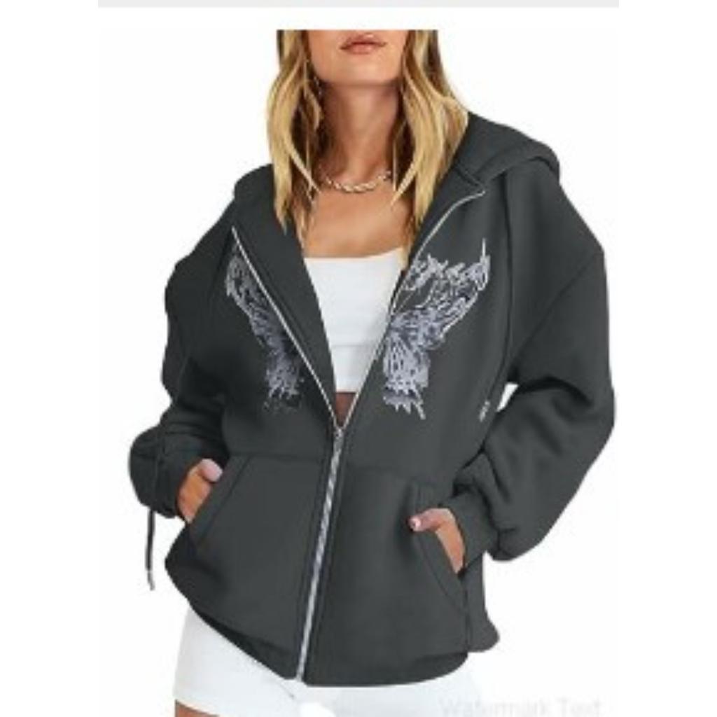 Women's Hooded Zip Up Loose Fit Long Sleeve Printed Butterfly Casual Cardigan Sweatshirt Jacket