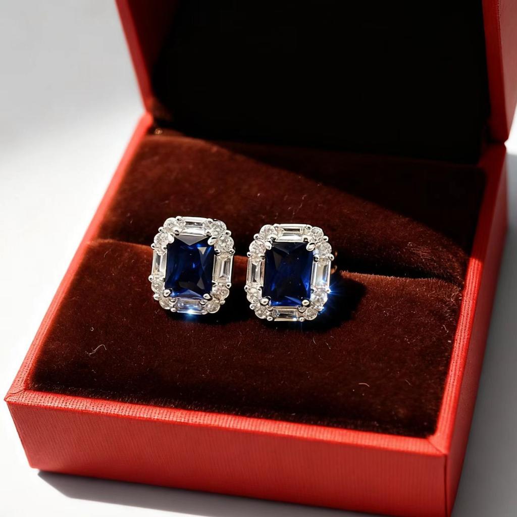 Fashion Cultivation Ruby Sapphire Emerald Square Stud Earrings Light Luxury Fashion Full Diamond Stud Earrings