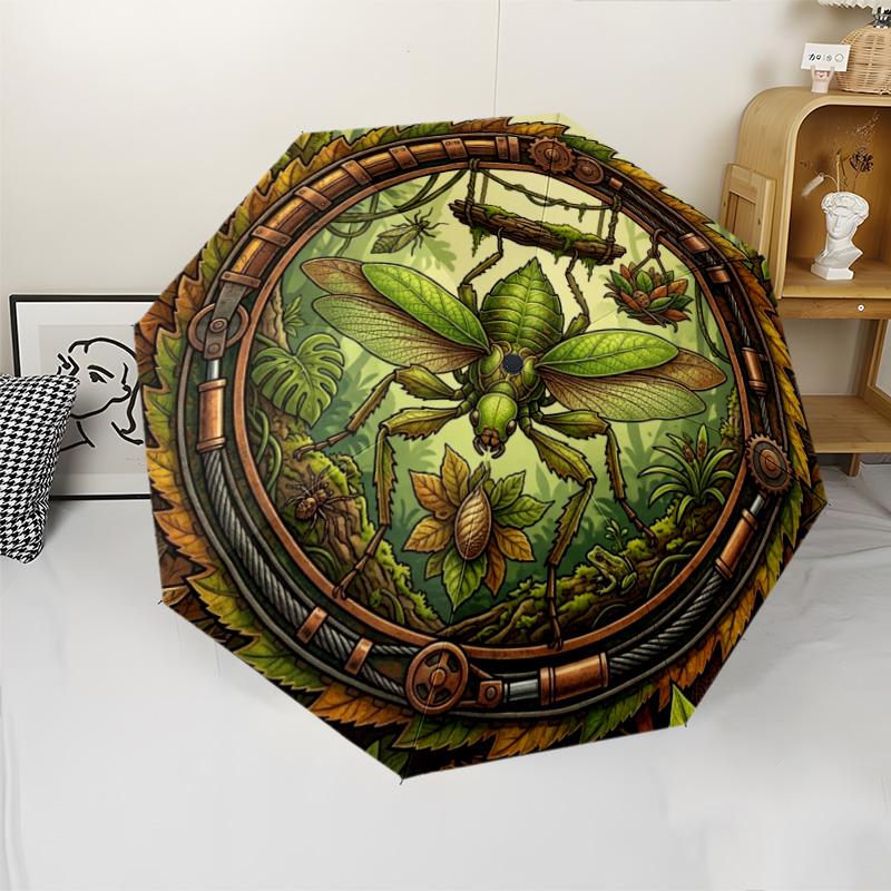 Steampunk Insect Jungle pattern umbrella, portable and foldable design, 8 ribs, a casual accessory for Halloween, Christmas, and birthday gifts.
