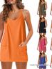Summer Sleeveless Solid Color Tank Dress with Thin Straps and Pockets