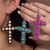 Women's Turquoise Cross Earrings Vintage Bohemian Ethnic Statement Drop Earrings Western Retro Exaggerated Fashion Jewelry