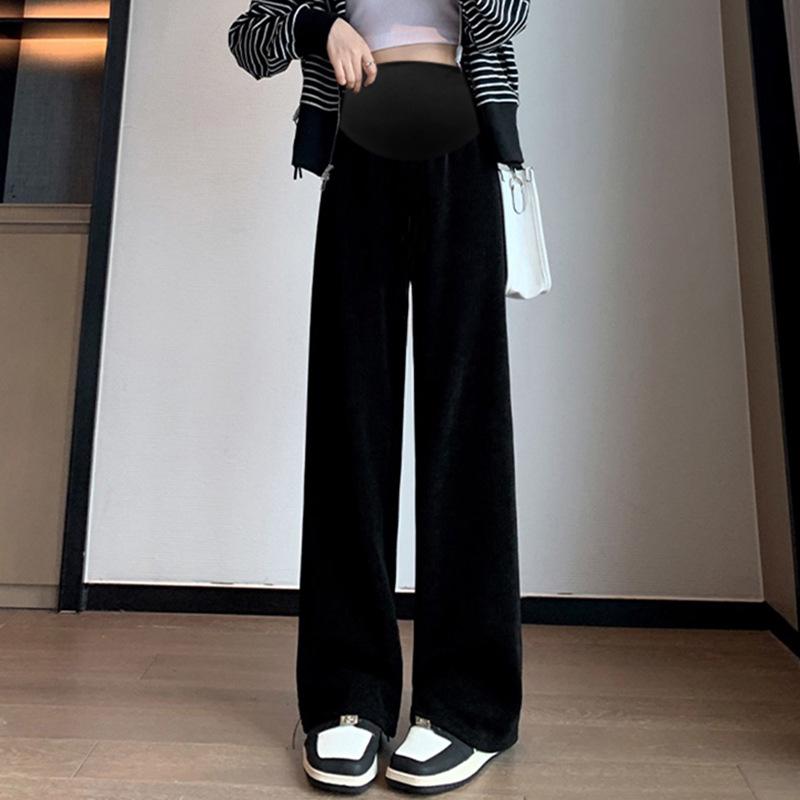 

Брюки прямого кроя для беременных, флисовые утепленные брюки с широкими штанинами, зимние хлопковые брюки с начесом, повседневные универсальные брюки с поддержкой живота, тонкие брюки L чёрный